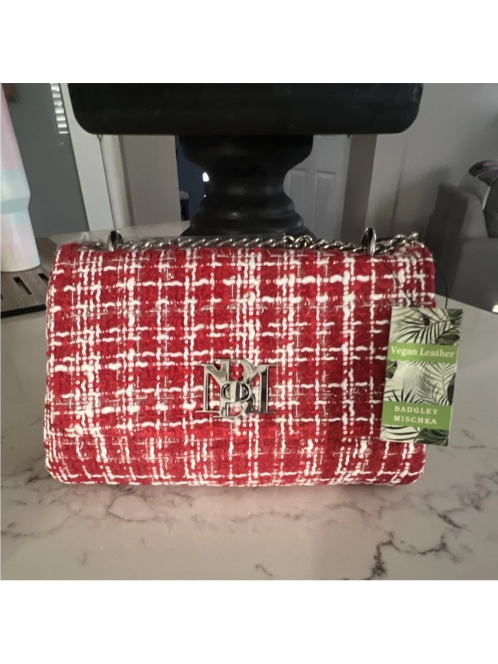 Badgley Mischka Red and White Tweed Chain Shoulder Bag